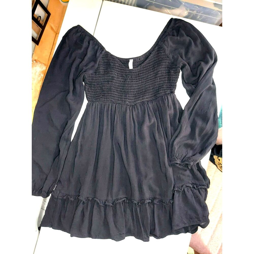 Altar'd State Black Babydoll Dress Long Sleeve Scoop Neck Ruched Bodice Ruffle